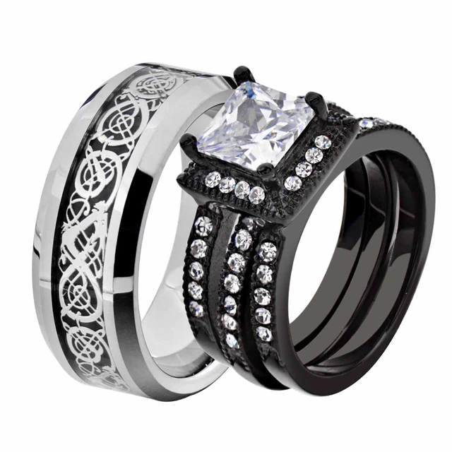 His & Her Wedding Ring Sets Black Stainless Steel CZ Celtic Scroll Tungsten Men