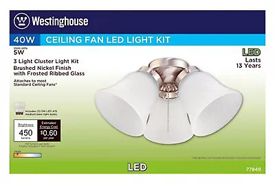LED Ceiling Fan Light Kit, Brushed Nickel With Frosted Ribbed Glass 77849