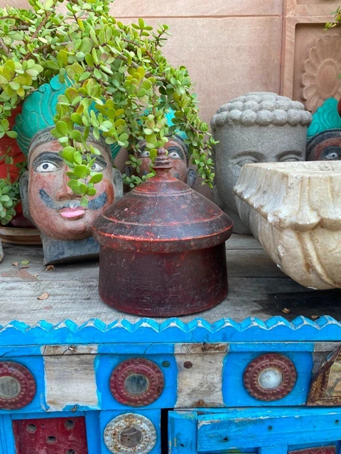 1800's Old  Wooden Hand Carved Lacquer Painted Tika Kumkum Ancient Powder Box
