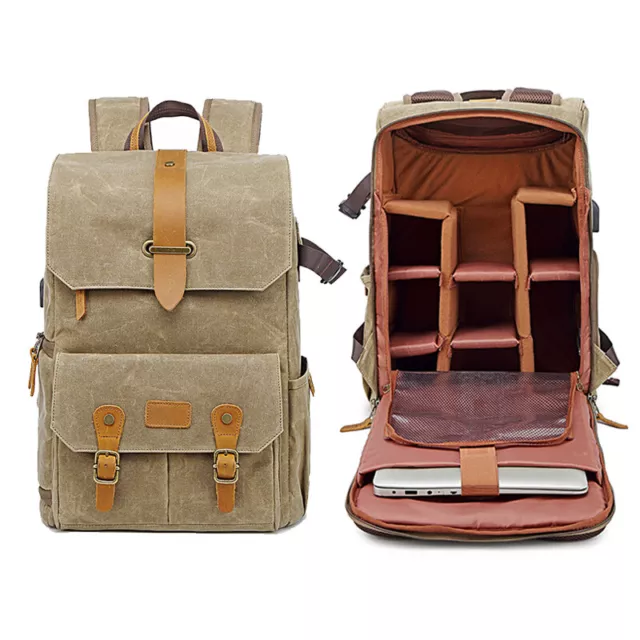 Vintage Canvas DSLR Camera Backpack Bag Case 15.6'' Laptop For Canon Nikon Sony