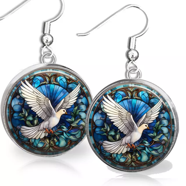 Dove Symbol of Peace Bird Dangle .925 Earrings Faux Stained Glass Art Print