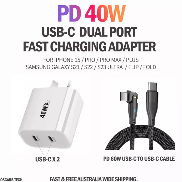 iPhone 15 Pro Max Power Adapter USB-C Dual Port Fast Charger PD 40W Samsung S23