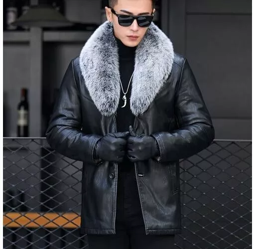 Men 100% Real Fox Fur Collar Sheepskin Leather Fur Lined Coat Jacket Outwear