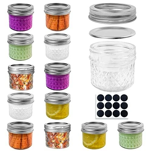 12 Pack 4 Oz Mini Glass Canning Jars - Regular Mouth Mason Jars for Jelly