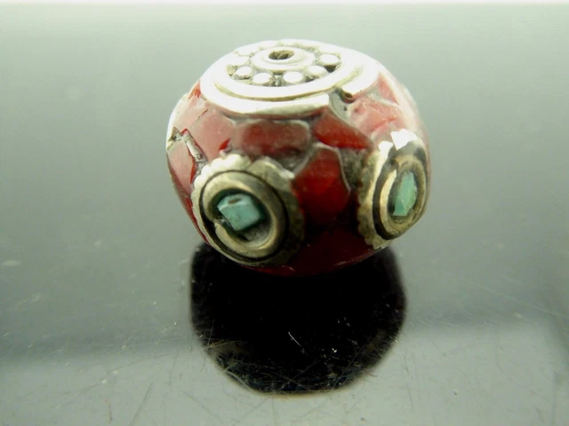 Vintage Nepalese Natural Inlaid Coral Turquoise Rondelle Pendant Focal Bead 1 Pc 6