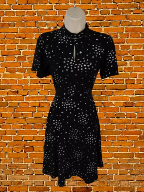 Oasis Black Sparkle Star Skater Party Dress Short Sleeve Glitter Xsmall Xs