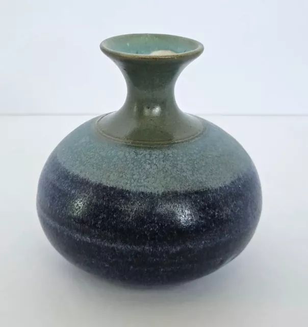 Studio Art Pottery Small Hand Thrown Stoneware Bud Vase Weed Pot Blue 4" Signed