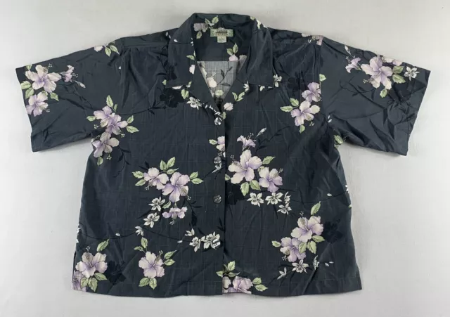 Tommy Bahama Hawaiian Shirt Womens Medium Silk Dark Gray Purple Hibiscus Button