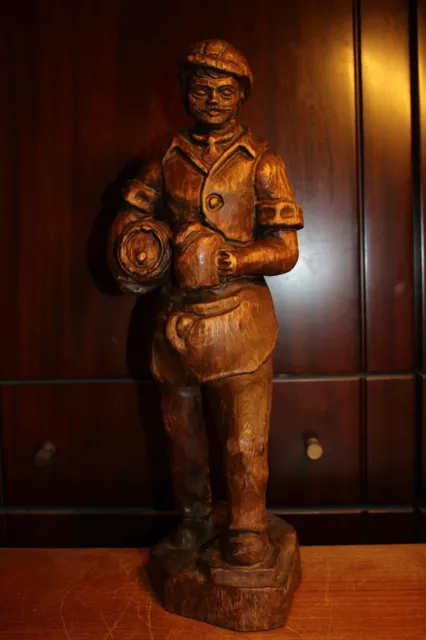 19Th 16" Wood Hand Carved Bartender Innkeeper Beer Keg Statue Figure Sculpture