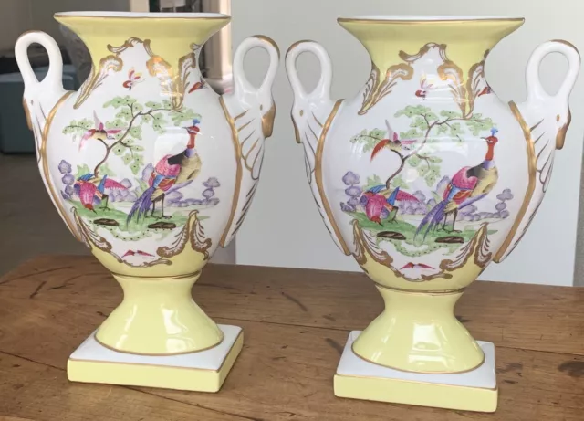 Gorgeous Pair (2) Chelsea House Handled Vases Urns Peacocks Birds Gold Trim