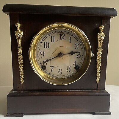 Antique Sessions Two Lady Figure Pillar Shelf Mantle Gong Chime Art Deco Clock