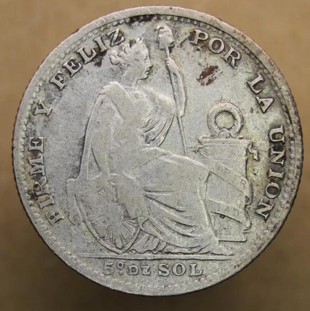 1897 JF Peru 1/5 Sol, Seated Liberty Silver World Coin, KM# 205.2 - HLK Coins