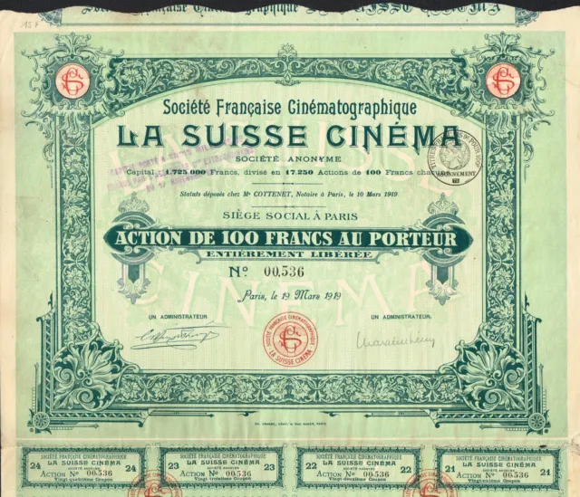 SWITZERLAND SWISS CINEMA stock certificate/bond  1919