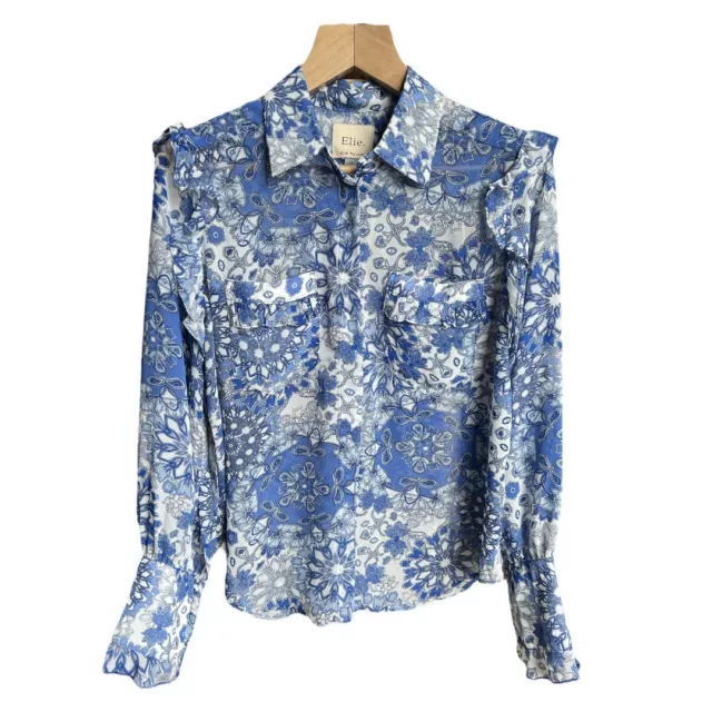 Elie Tahari Women’s Blue Floral Ruffle Button Up Collared Blouse, Size Medium