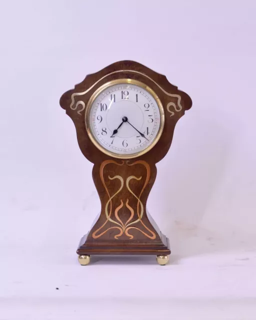 Stunning Art Nouveau Mahogany Inlaid Mantle Clock. Movement Cleaned And Working