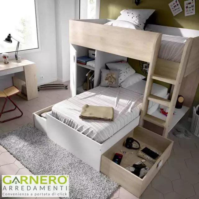 Cameretta bambini con soppalco SOLE rovere bianco salvaspazio design moderno 3