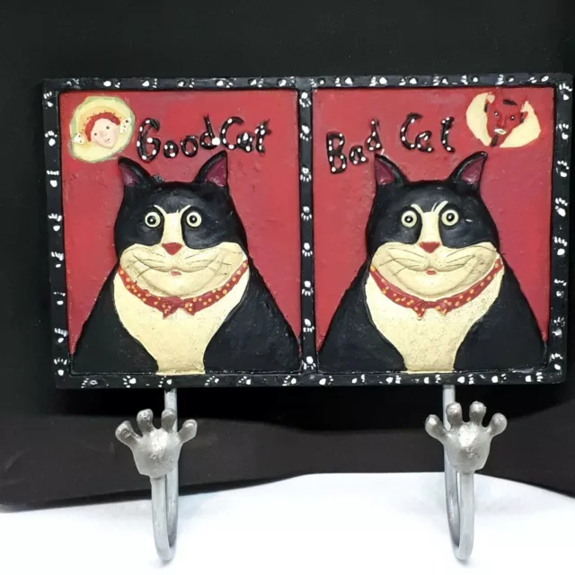 Good Cat Bad Cat Whimsical Leash Key Rack or Wall Hanger Red and Black Resin