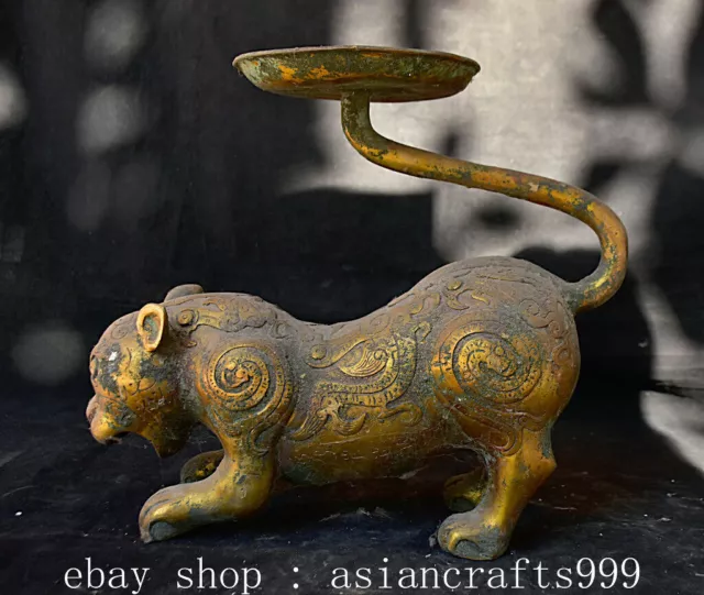 12" Alte Chinesische Bronze Ware Gilt Dynastie Palast Beast Candle Stick Statue