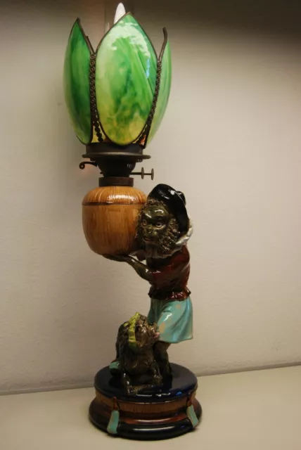 Antique Minton Majolica Porcelain Nouveau Monkey Oil Lamp Whimsical Slag Glass