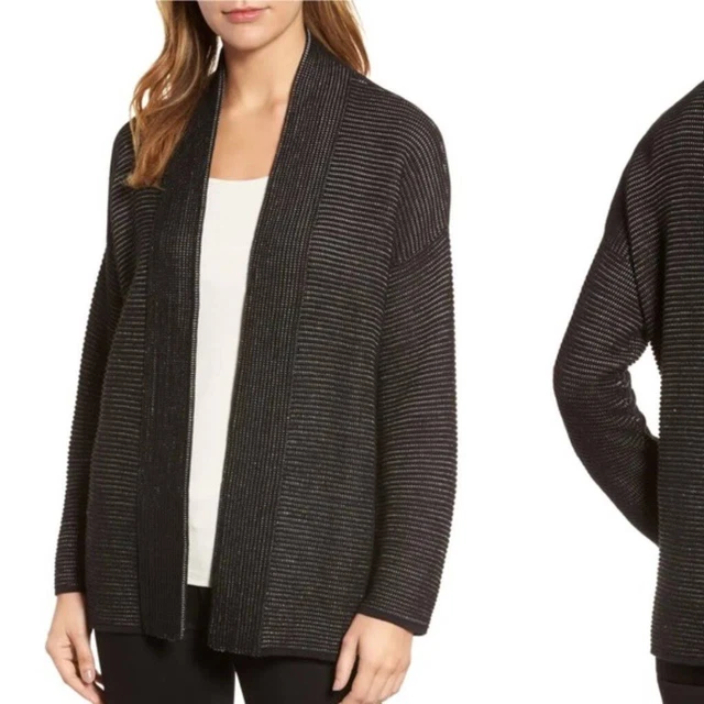 Eileen Fisher Silk Organic Cotton Knit Kimono Cardigan in Black White
