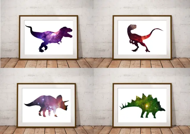 Set di 4 stampe dinosauro space art, T-rex, Raptor, Stegosaurus, Triceratops Dino