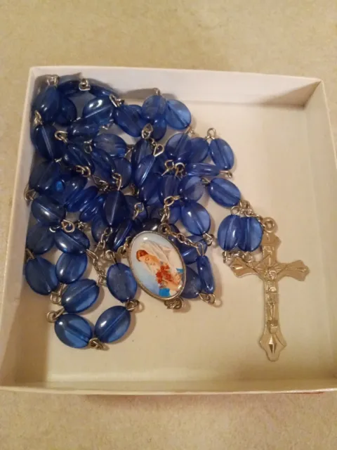 Rosary Our Lady of Fatima Blue Colored Beads Fatima Medal Crucifix Mint Long