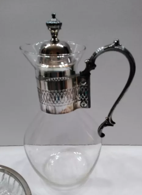 Vintage Silver Plate Glass Water Wine Pitcher Carafe with Ornate Handle