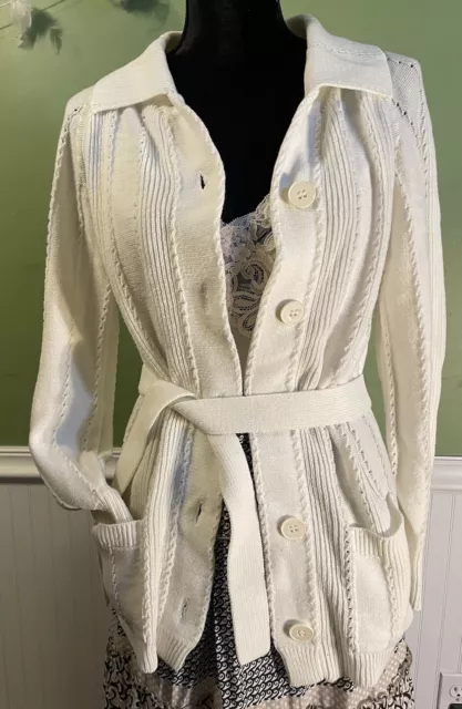 Vintage 60s 70s Donnkenny Cream Knit Shawl Collar Belted Cardigan Sweater sz M L