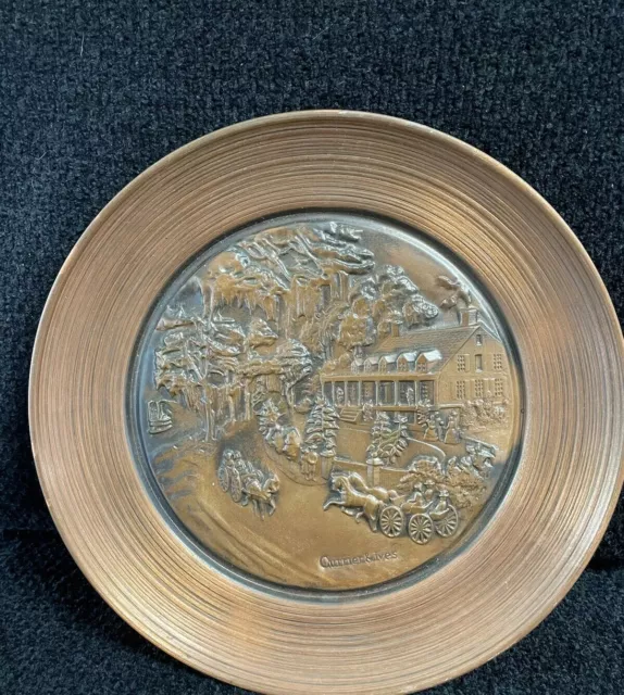 VINTAGE COPPER TONE PLATE CURRIER & IVES APROX 9.5” MADE IN ISRAEL* Beautiful*