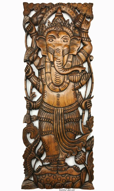 Ganesha Buddha Wood Carved Wall Decor Panel. Wall Art  Brown 35.5"x13.5"
