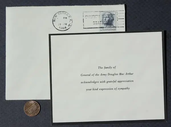 World War II General Douglas MacArthur 1964 official death / mourning card set--