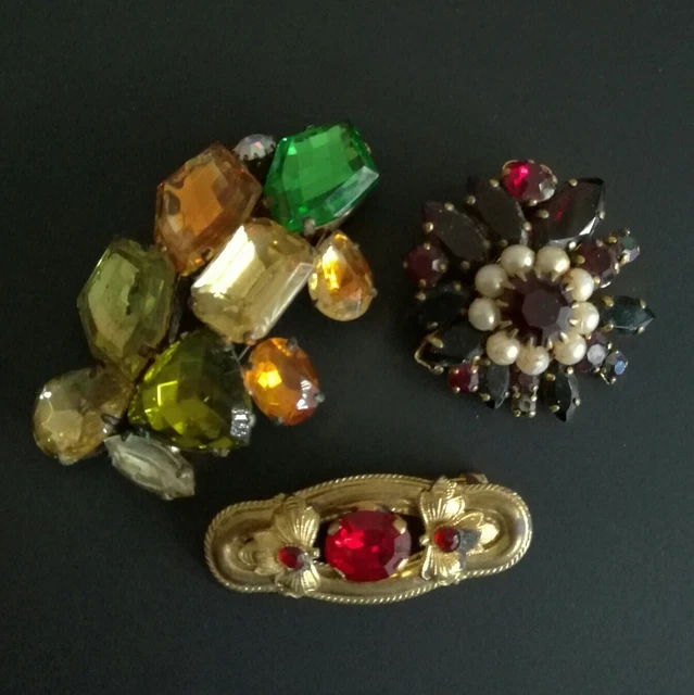 Lot De 3 Broches Anciennes Avec Strass - Occasion - État Correct (Bon État)