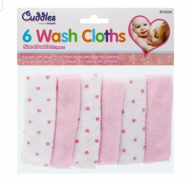 Pack Of 6 Pink Soft Baby Face Wash Cloths Towel Flannel Machine Wash 0 Months +