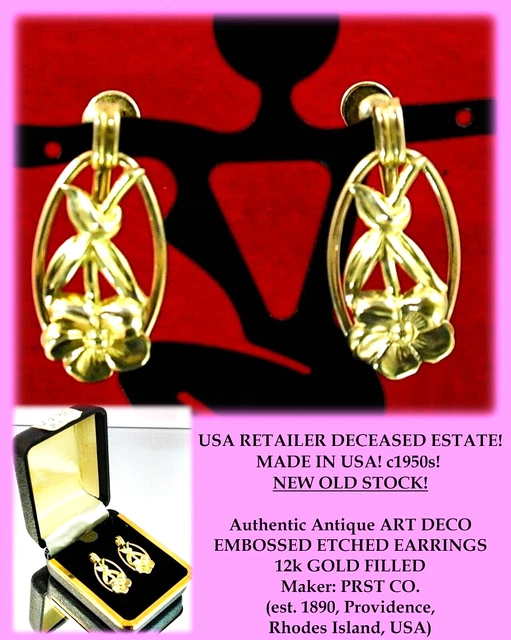 Antique Victorian ART DECO USA MADE SIGNED EMBOSSED ETCHED EARRINGS GOLD GF BOX Antique Victorian ART DECO USA MADE SIGNED EMBOSSED ETCHED EARRINGS GOLD GF BOX