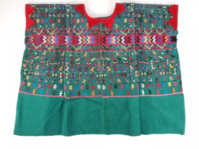 Vintage Huipil Guatemala Latin American Tunic Poncho Shirt Green Embroidered