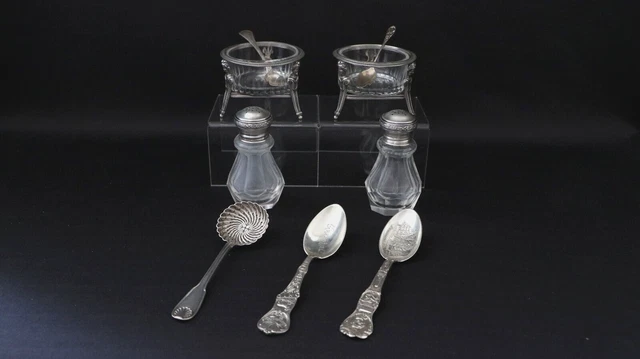 Antique silver, crystal, glass, salt cellars, 925/950, USA/France, 222 g/7.83 oz
