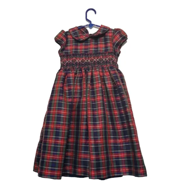 Vtg Laura Ashley London Girl 5 Party Dress Cap Sleeve Plaid Back Button Smocked