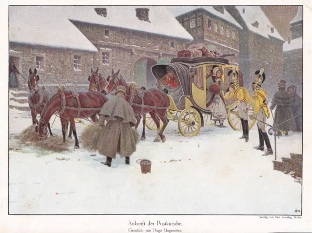 Hugo Ungewitter Kunstdruck 1913  nach dem Gemälde Ankunft der Postkutsche