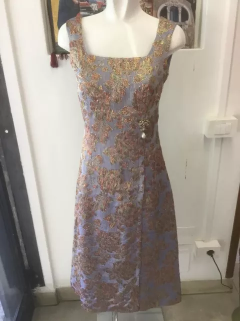 Vintage Vestito Da Sera Sartoriale In Broccato Di Seta Con Spilla Anni 60 T.s