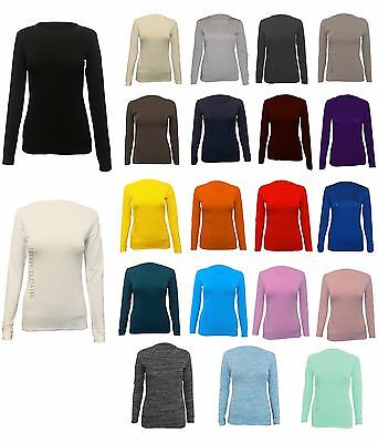 Womens Long Sleeve Stretch Plain Round Scoop Neck T Shirt Top