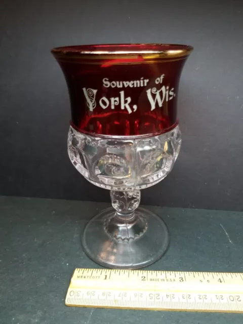 Rare EAPG Souvenir Ruby Red Flash Glass York WI Wis Wisconsin Green Jackson Co