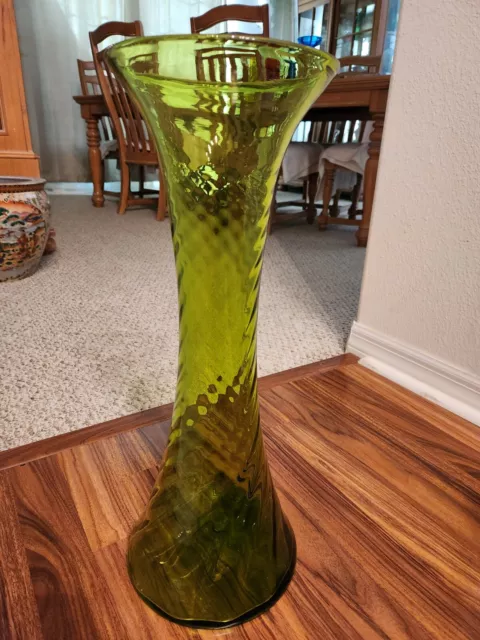 Blenko Mid Century 20" Art Glass Floor Vase Green Optic Twist MCM 3