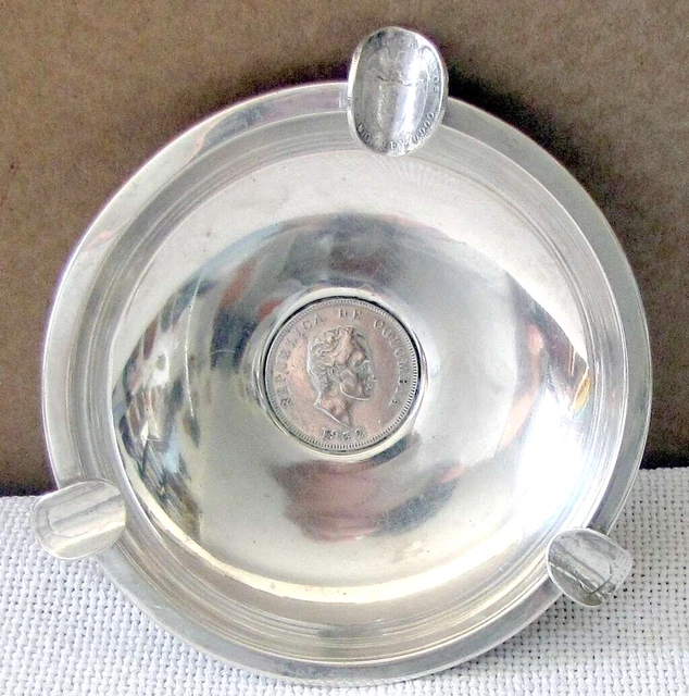 Colombian silver sterling old ashtray 88 gr. w/ silver coin 50 Centavos 1932