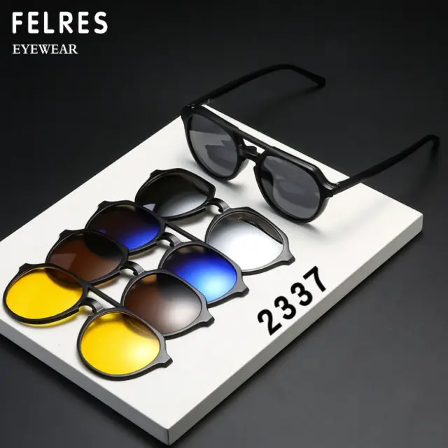 5 in 1 Men TR90 Round Eyeglasses Magnetic Clip On Flip Up Polarized Sunglasses