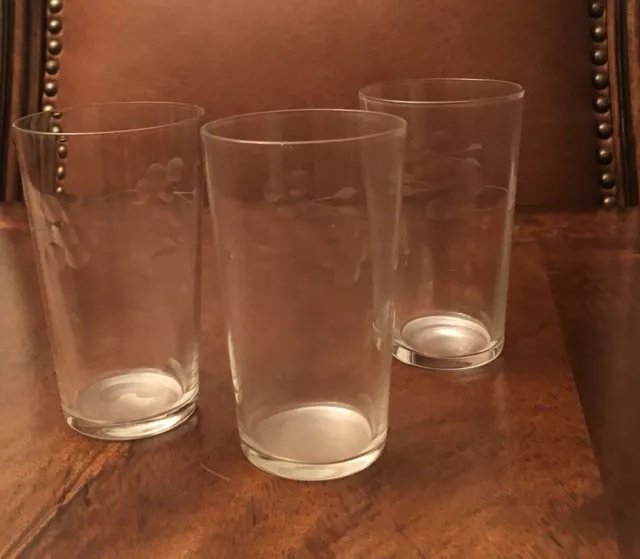 Set of 3 Vintage Etched Floral Clear Glass Juice Tumbler Glasses  4" 