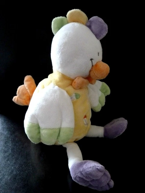 F1- DOUDOU PELUCHE COQ ou POULE NICOTOY jaune mauve orange vert plumes 30cm NEUF