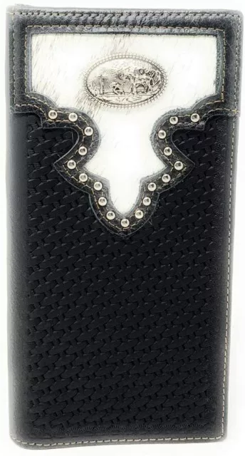 Western Men's Cow Fur Genuine Leather Basketweave Praying Cowboy Bifold Wallet i