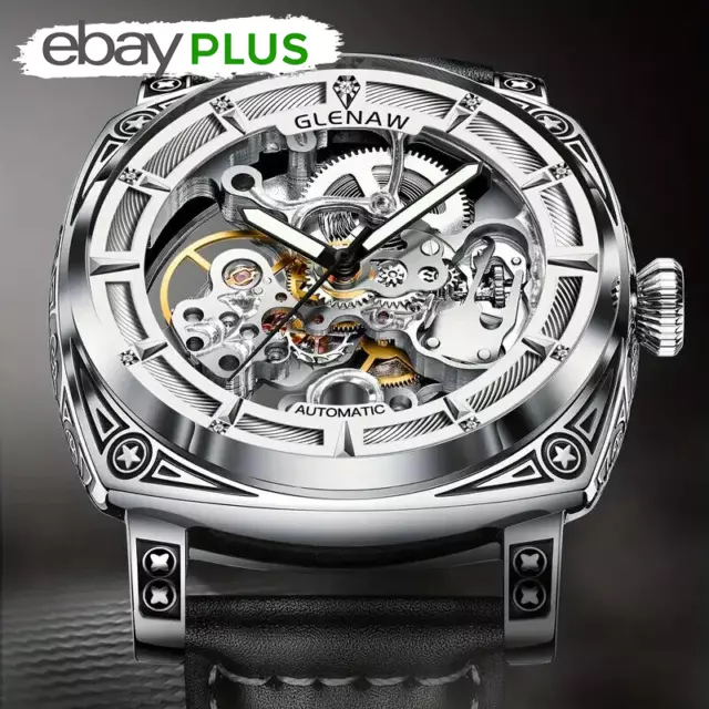 Montre Mouvement Suisse Hommes Squelette Automatique Bracelet en Cuir