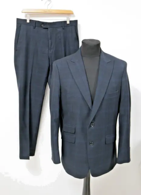 Moss Bro's Men's Suit 2 Piece Jacket 38" Short & Trousers 32" S Navy Checked See
