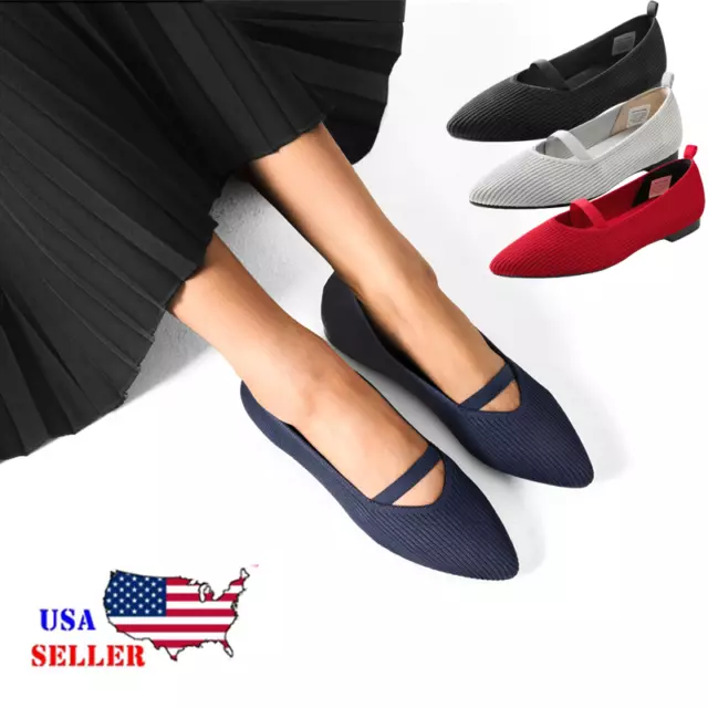 Women Ballet Flats Pointed Toe Knit Mesh Comfort Slip On Dress Mary Jane Shoes